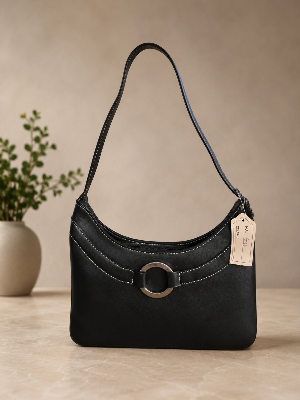 Classic Black Shoulder Bag with Ring Accent